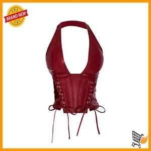 Plus Size Halter Top PU Leather Deep V Neck Lace Up Backless Sleeveless Crop